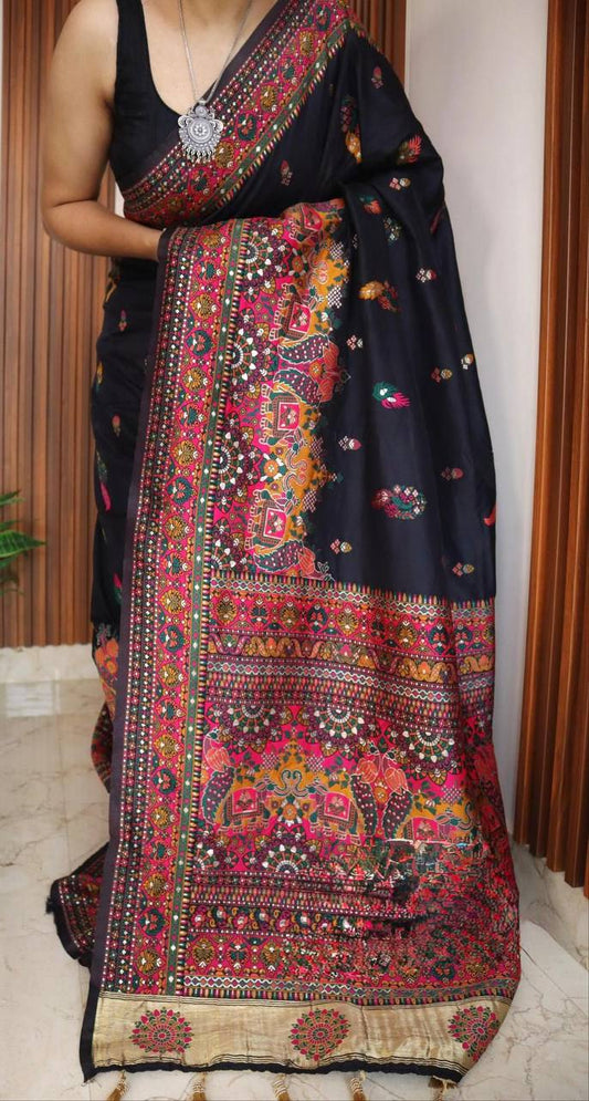 Elegant Black Pashmina Printed Saree with Traditional Multicolor Border