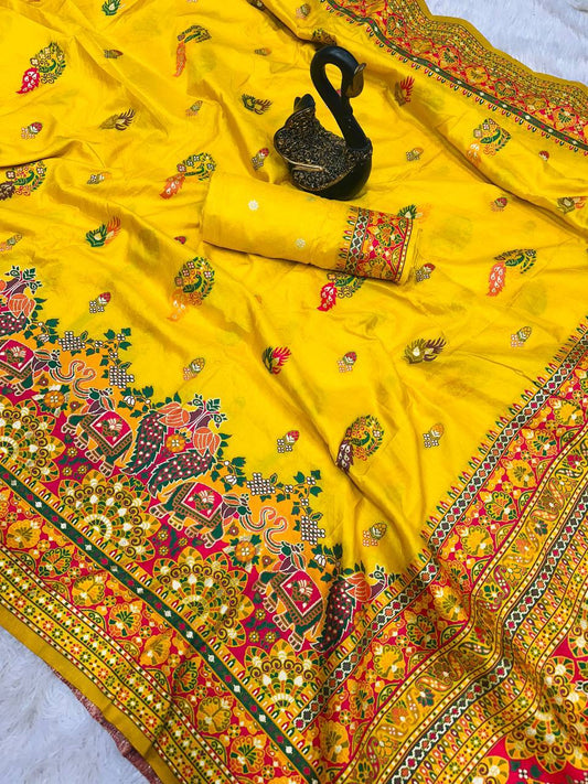 Bright Yellow Pashmina Printed Saree with Traditional Elephant Border