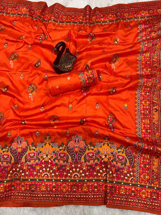 Vibrant Orange Pashmina Printed Saree with Traditional Multicolor Border